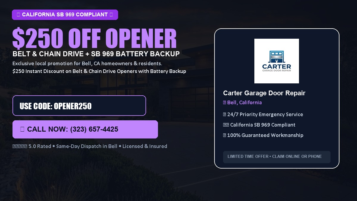 $250 OFF Smart Garage Door Opener Installation (Belt & Chain Drive with California SB 969 Battery Backup) in Bell, CA